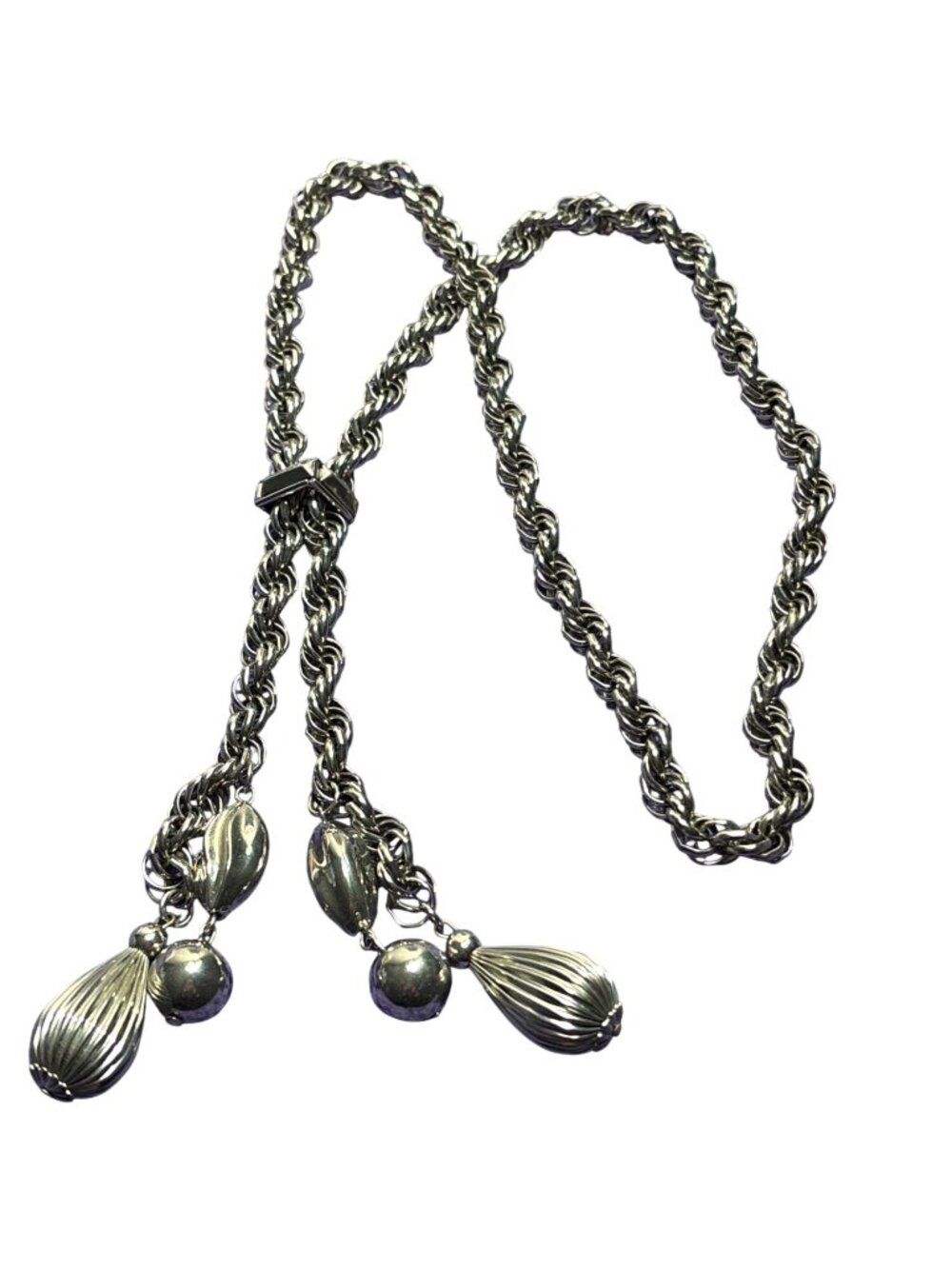 Vintage Silvertone Twisted Rope Chain Textured Bead Drop Lariat Necklace 25 in